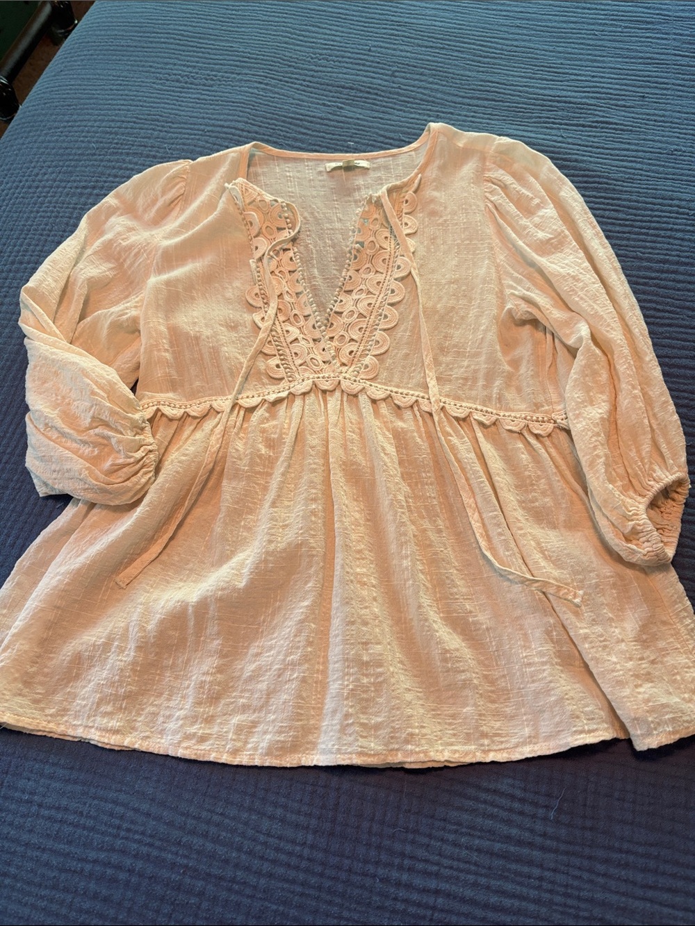 Max Studio Cream Boho Crochet Lace-Trim Peasant Blouse - Women's Top Size Small - Picture 3 of 11